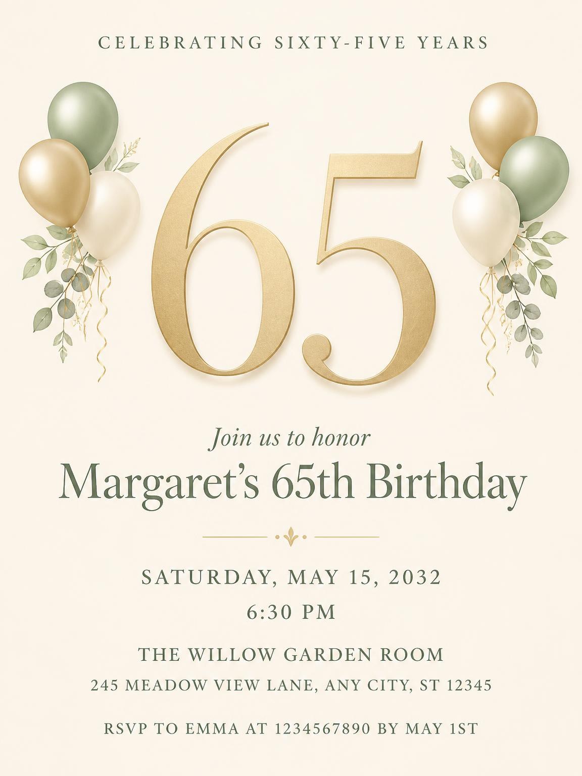 Sage and Ivory 65th Birthday Invitation