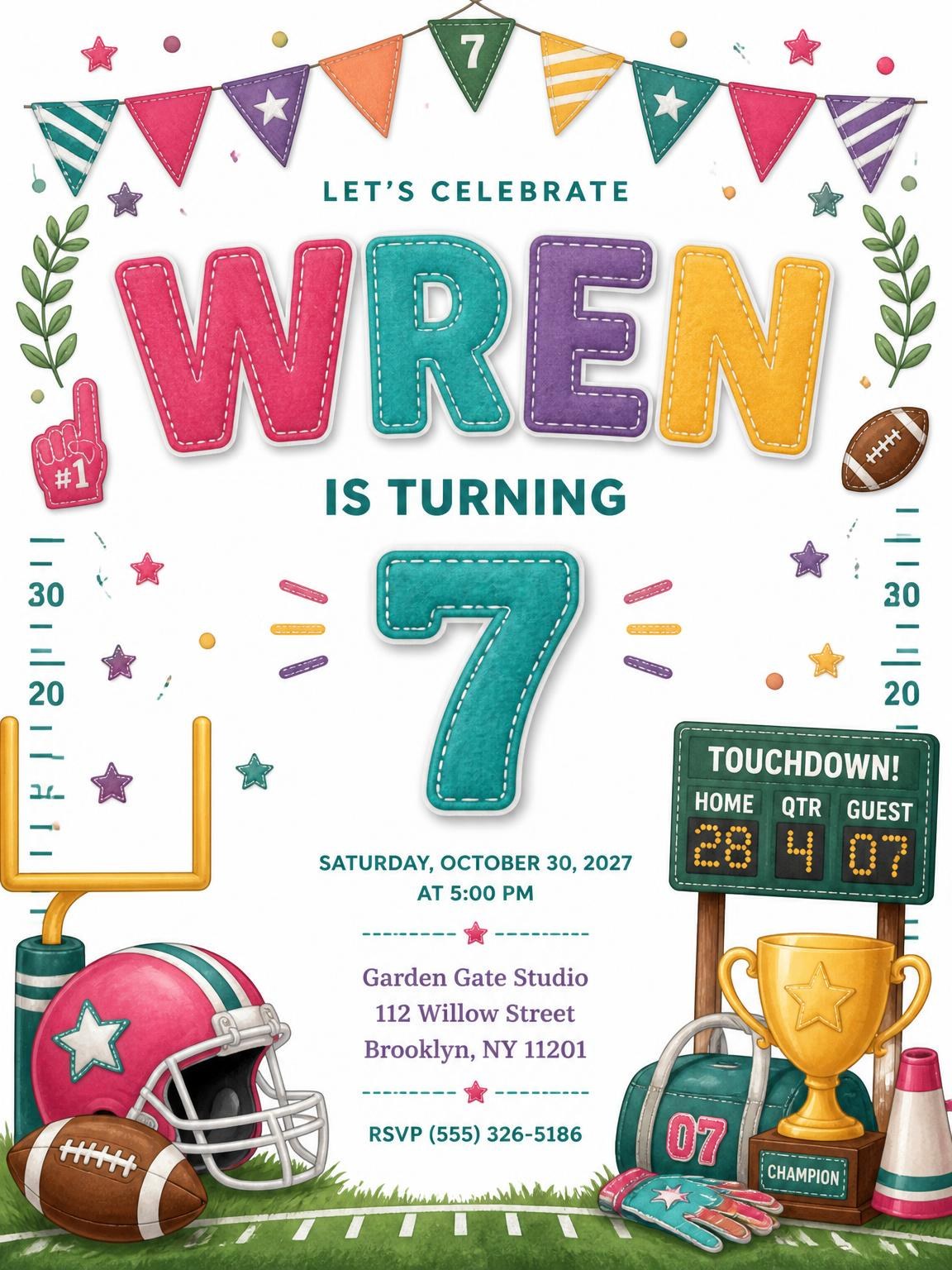 Stitched Football 7th Birthday Invitation