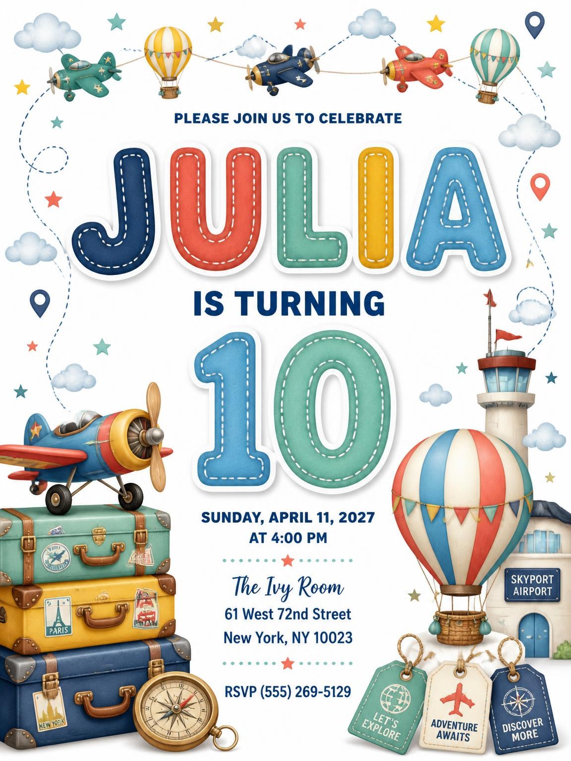 Stitched Up and Away 10th Birthday Invitation