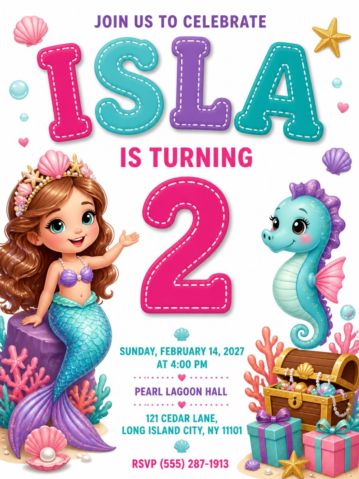 Seahorse Stitched 2nd Birthday Invitation