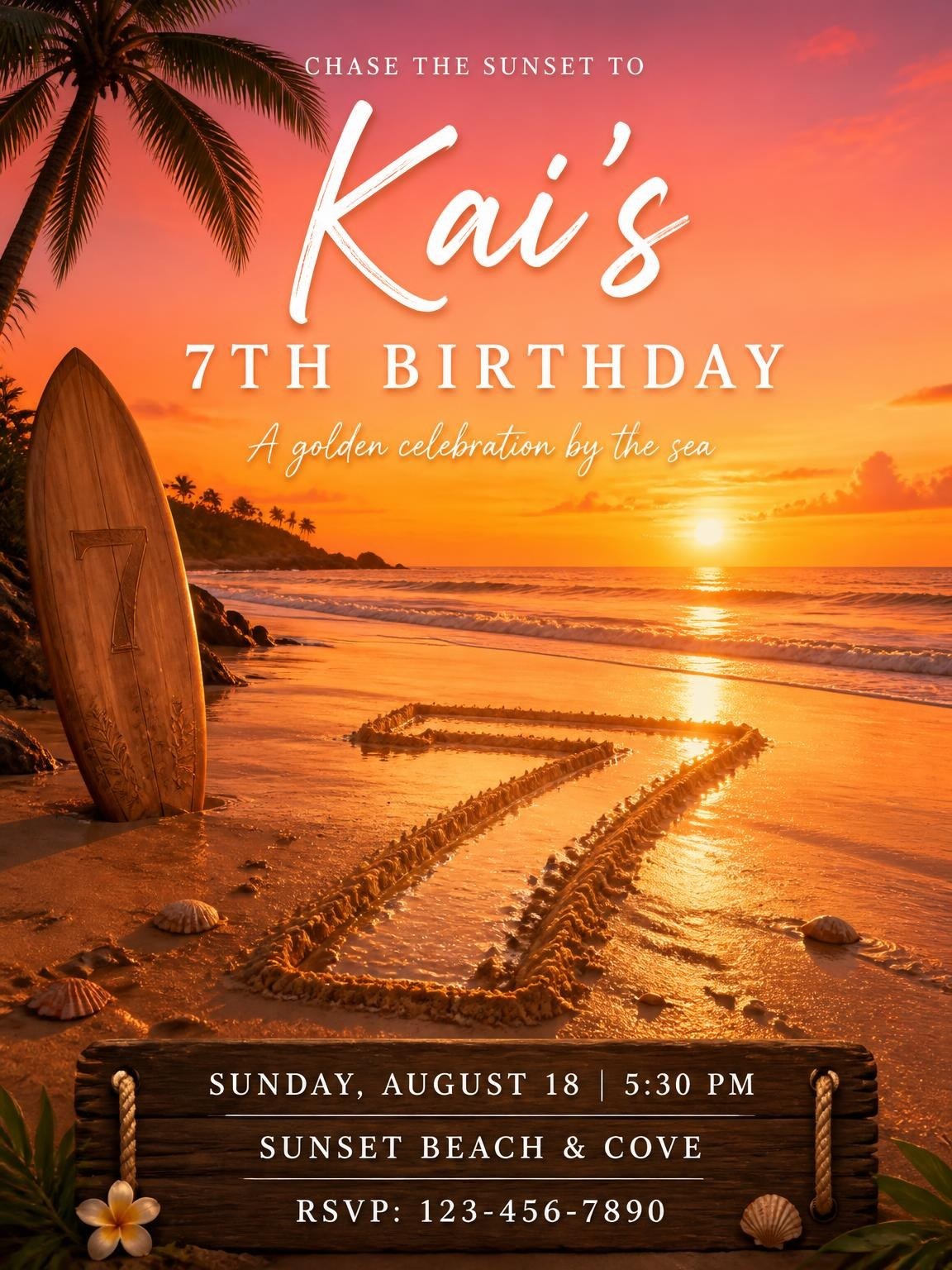 Tropical Sunset Surfboard Beach 7th Birthday