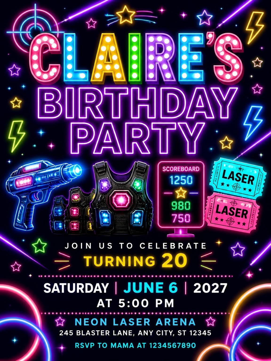 Neon Laser Tag 20th Birthday Invitation