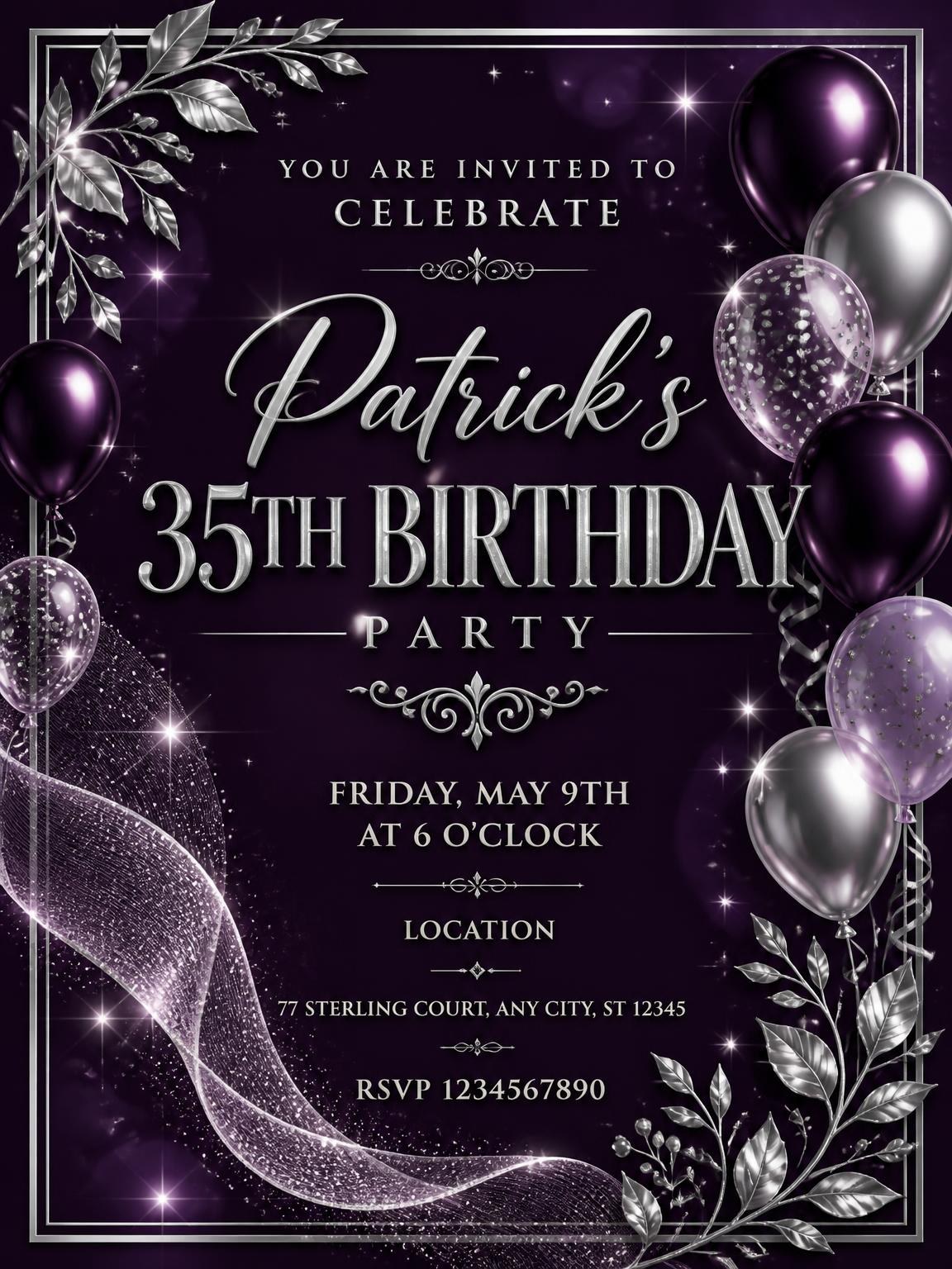 Plum and Silver 35th Birthday Invitation