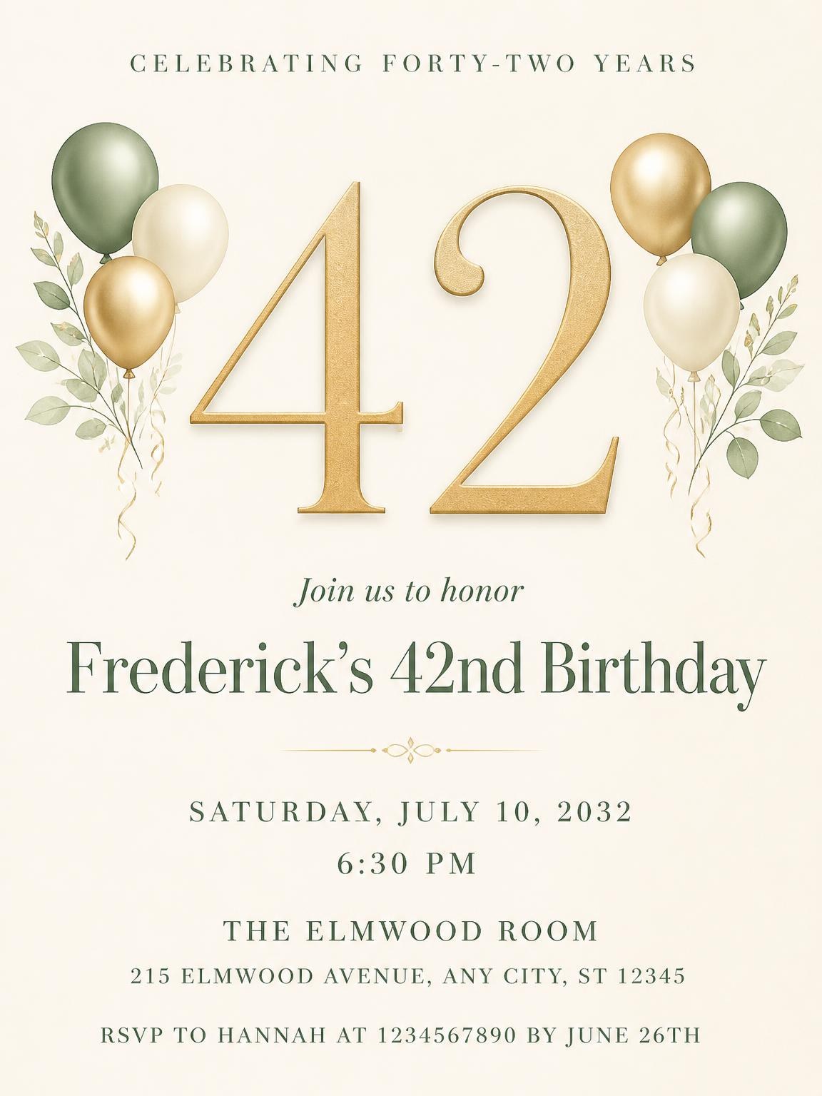 Sage and Ivory 42nd Birthday Invitation