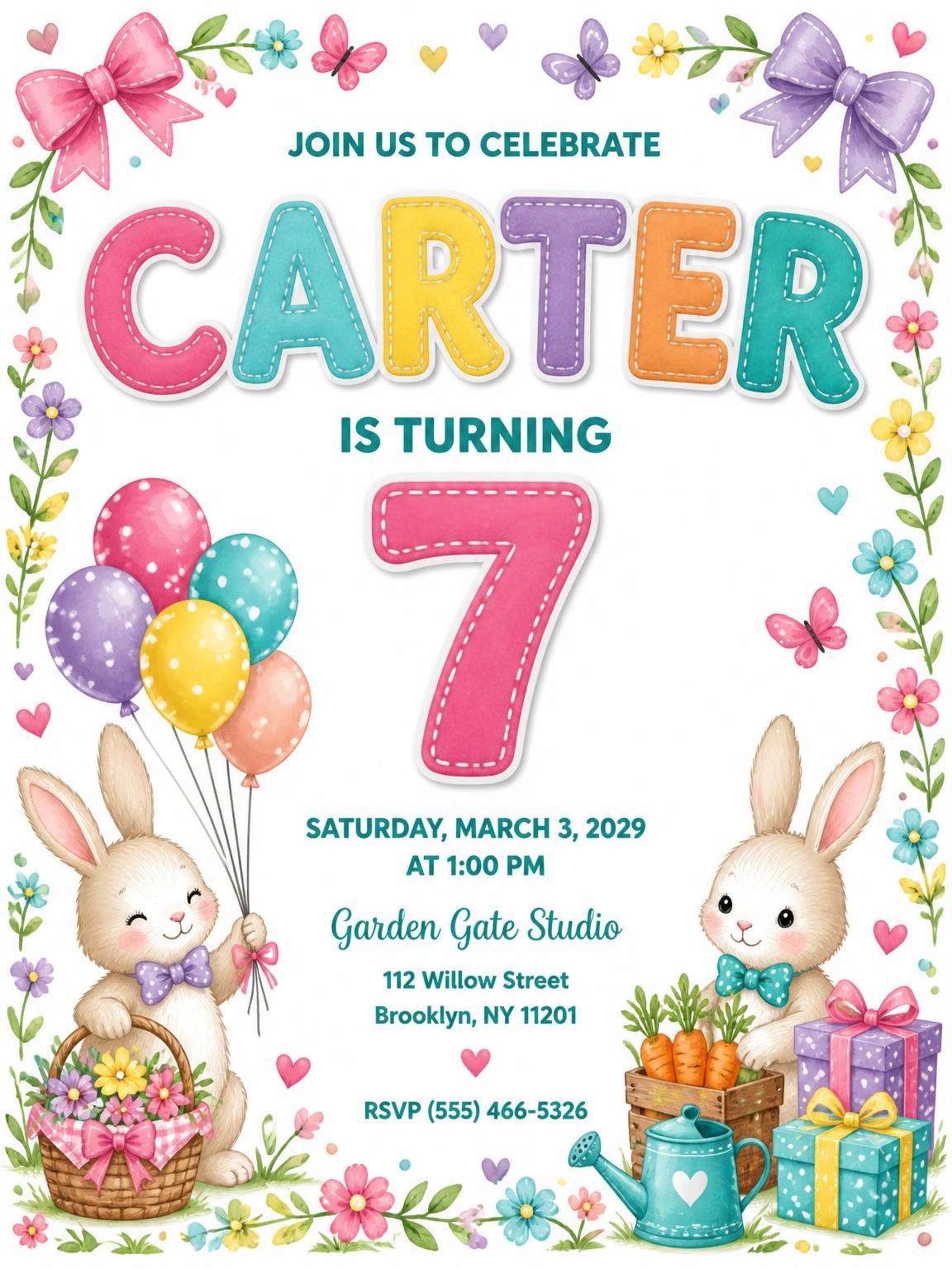 Stitched Bunny Garden 7th Birthday Invitation