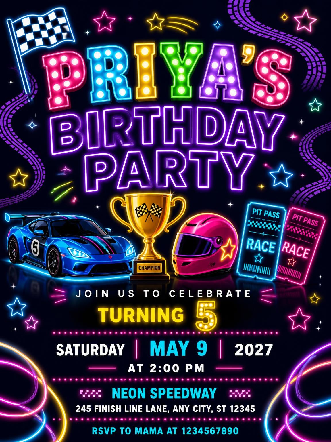 Neon Race Cars 5th Birthday Invitation