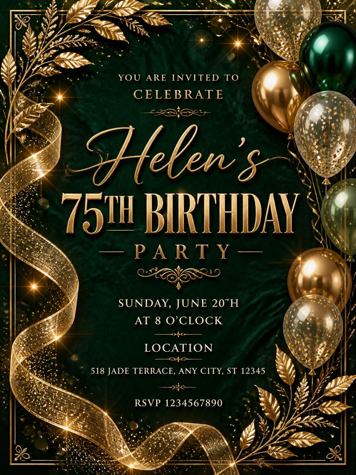 Emerald and Champagne 75th Birthday Invitation