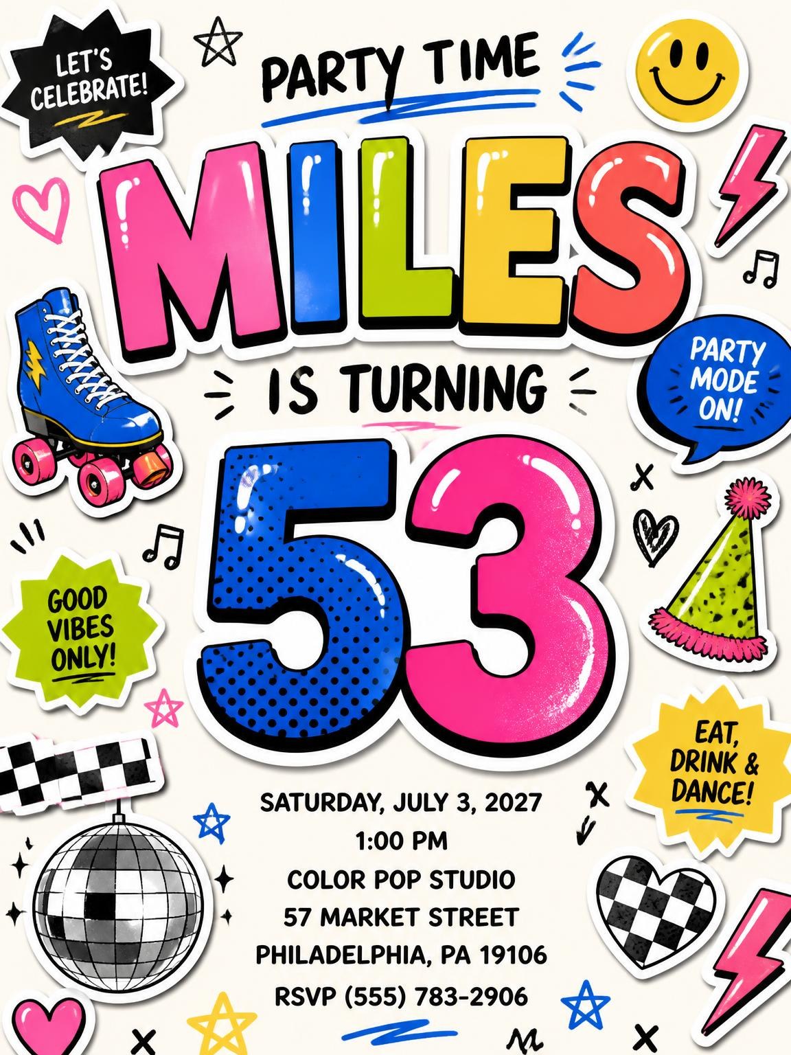 Sticker Pop 53rd Birthday Invitation