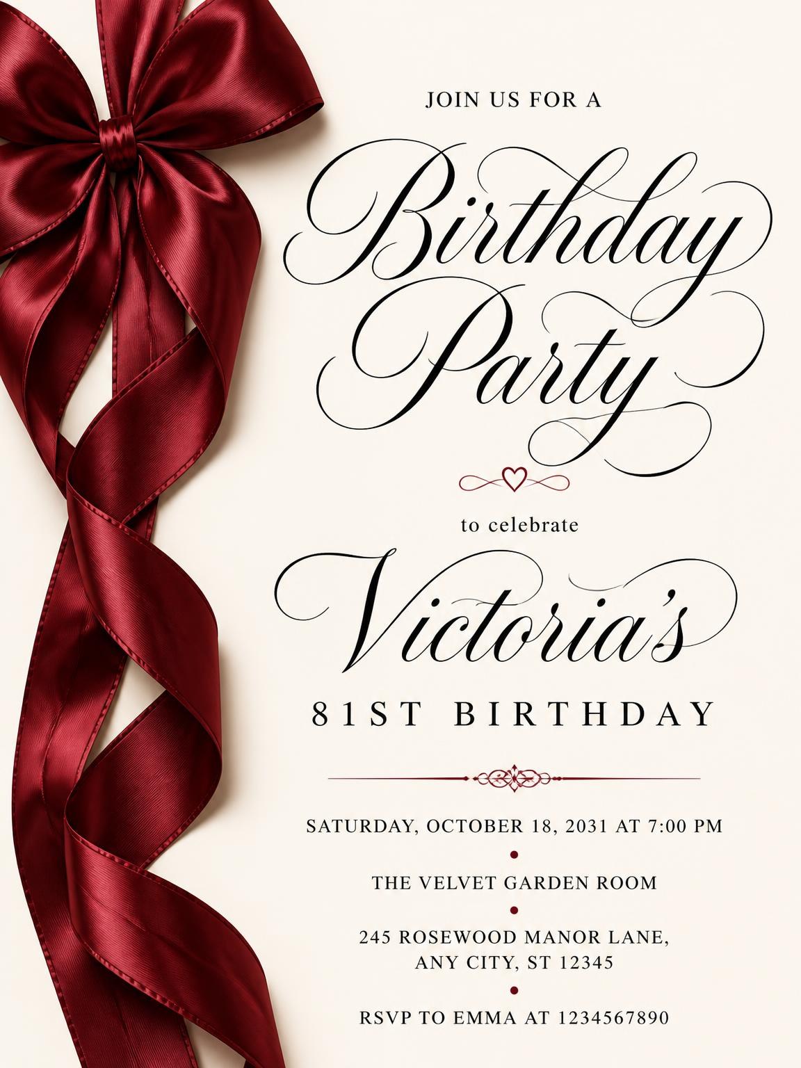 Burgundy Satin Bow 81st Birthday Invitation