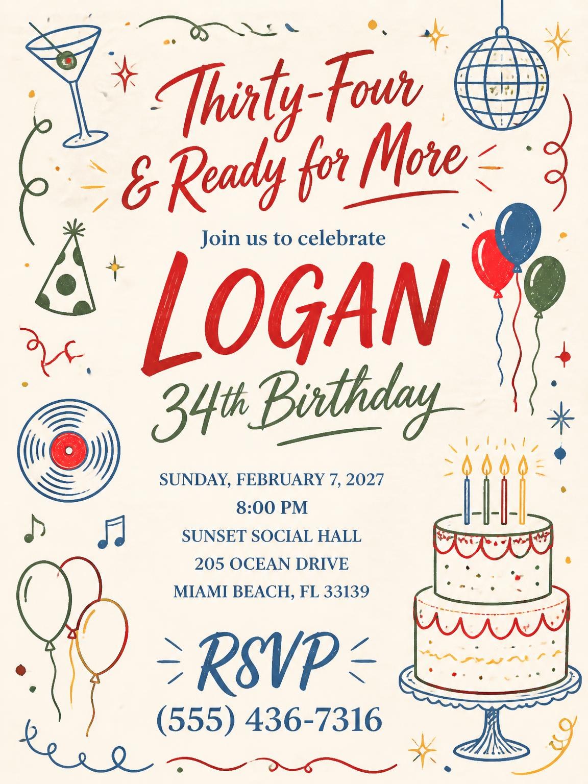 Retro Doodle 34th Birthday Invitation