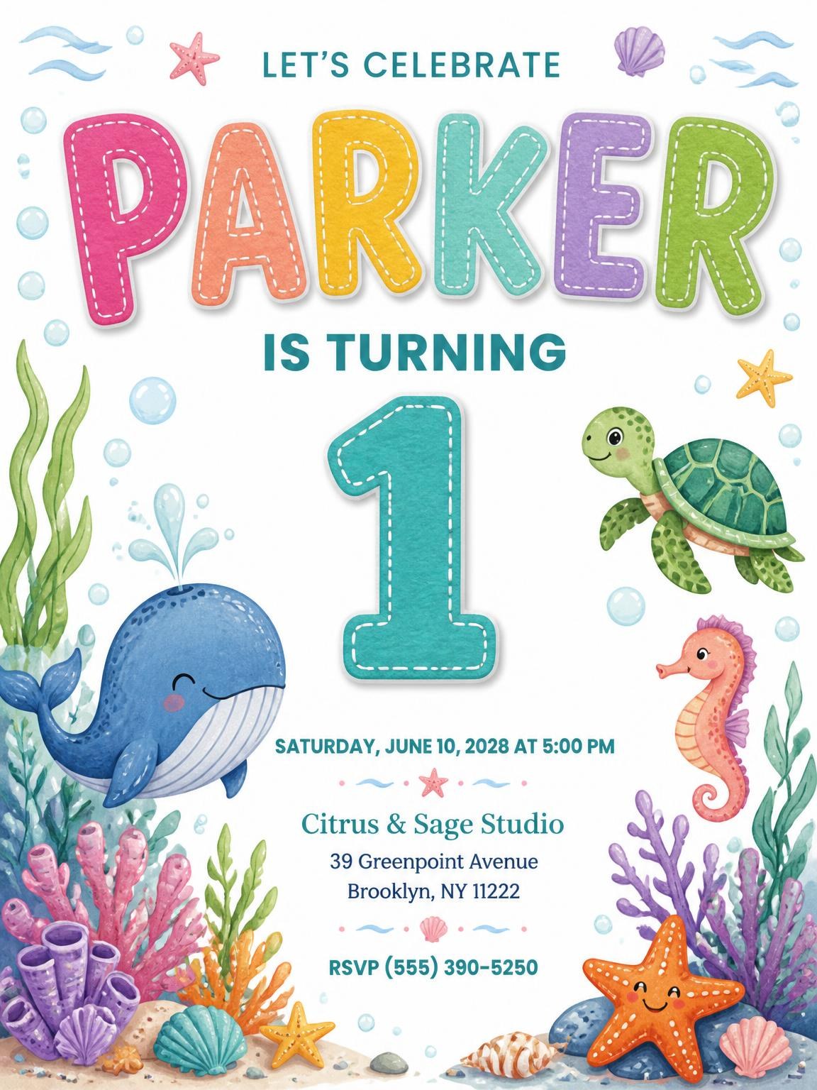 Stitched Under the Sea 1st Birthday Invitation