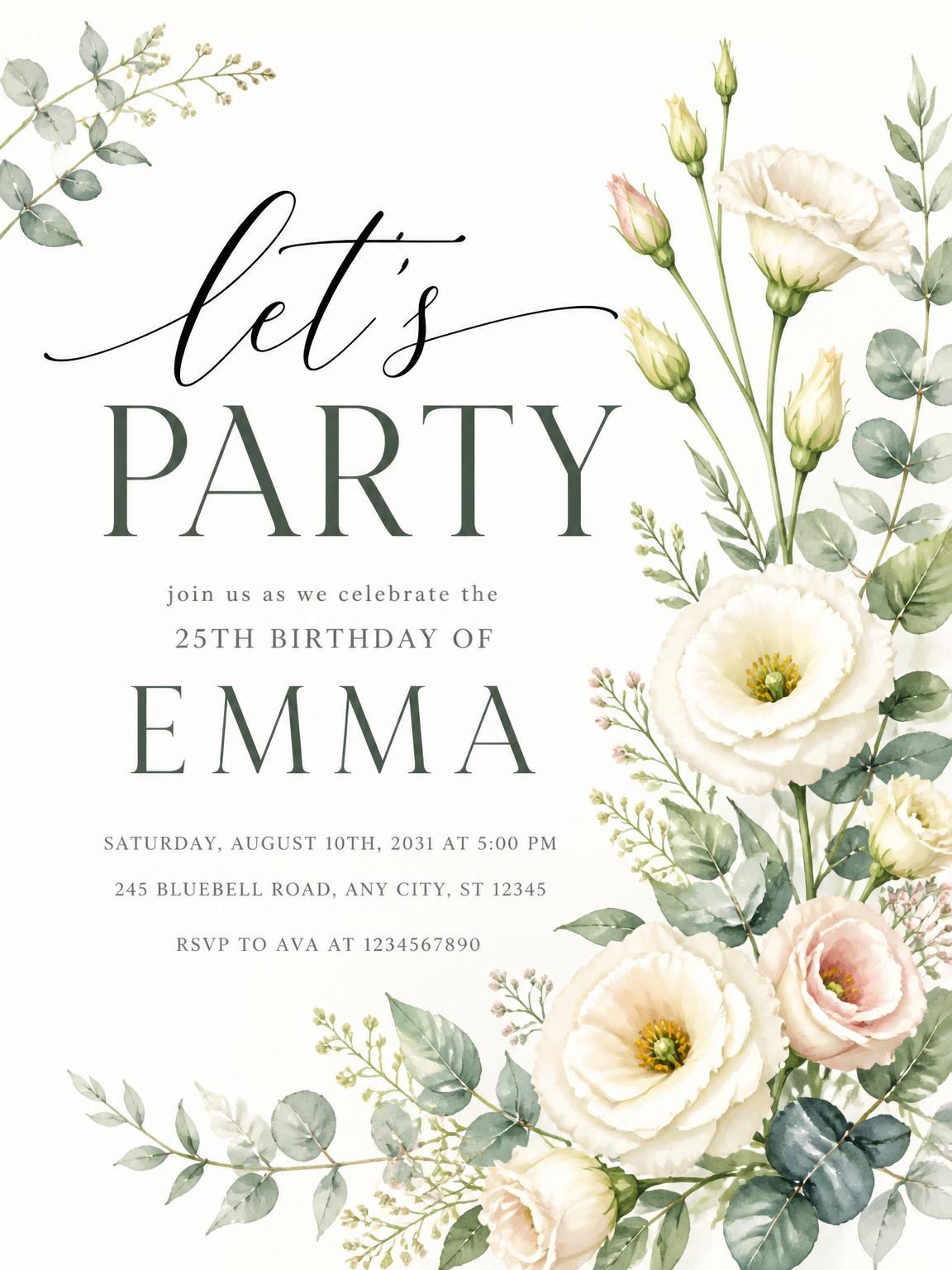 Eucalyptus Branch Ivory 25th Birthday Invitation