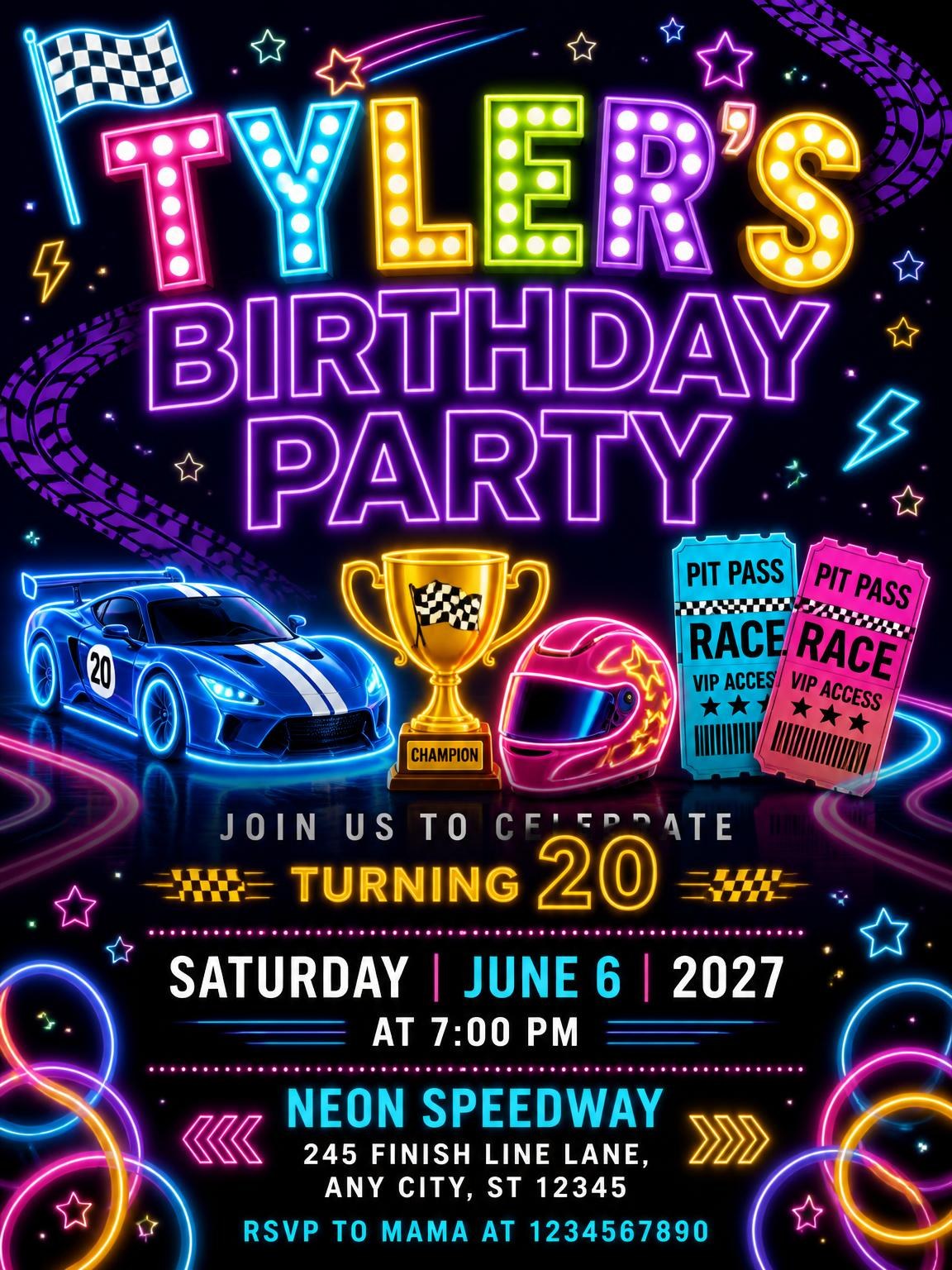 Neon Race Cars 20th Birthday Invitation