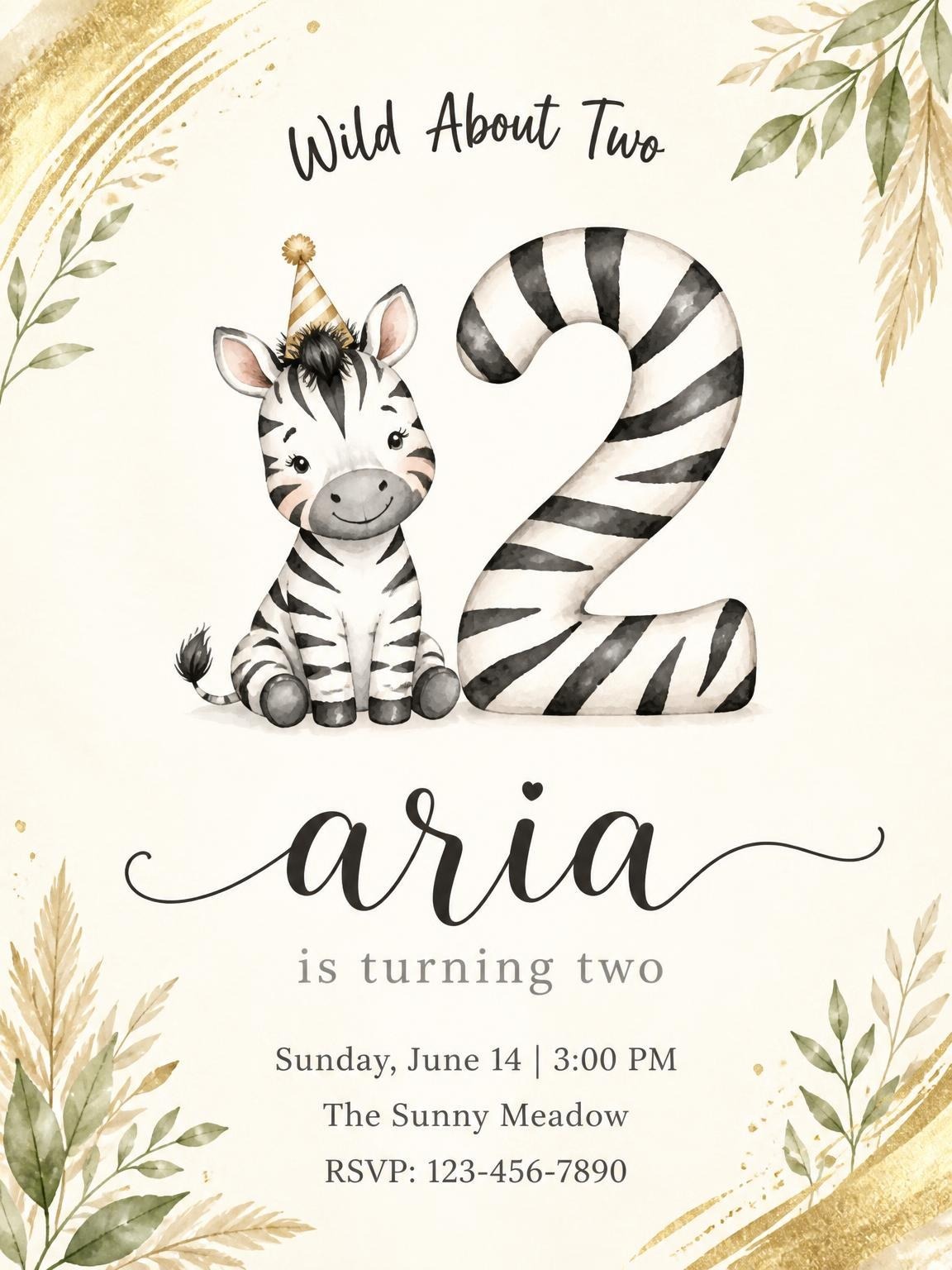 Gold Watercolor Zebra 2nd Birthday
