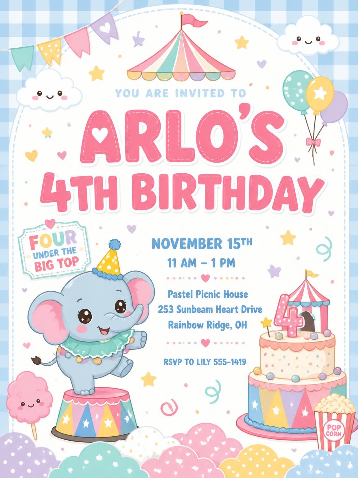 Pastel Circus 4th Birthday Invitation
