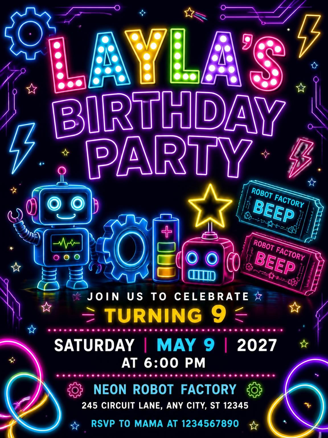 Neon Robots 9th Birthday Invitation