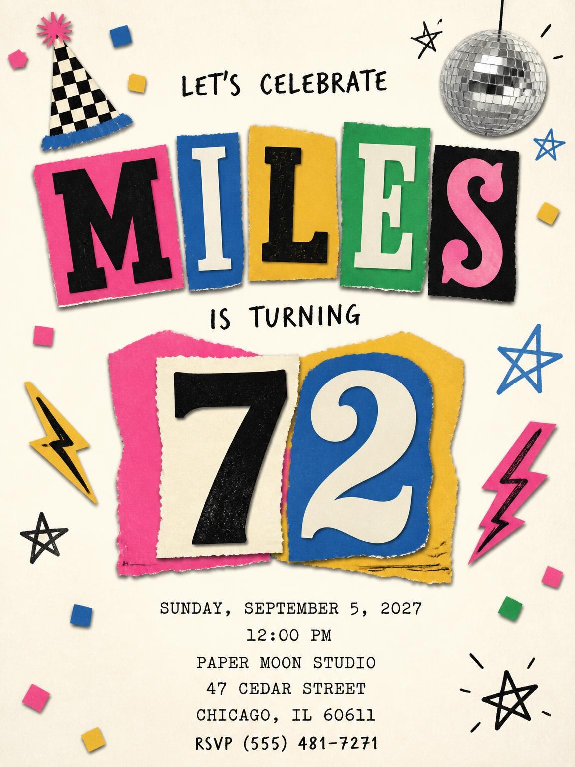 Retro Paper Collage 72nd Birthday Invitation