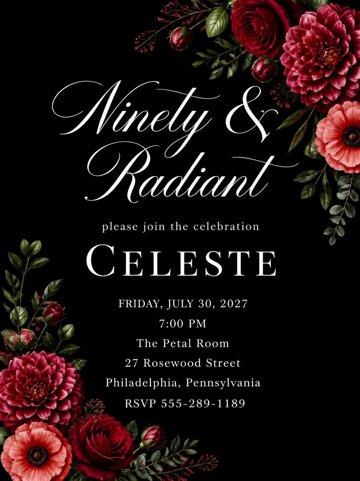 Black Floral 90th Birthday Invitation