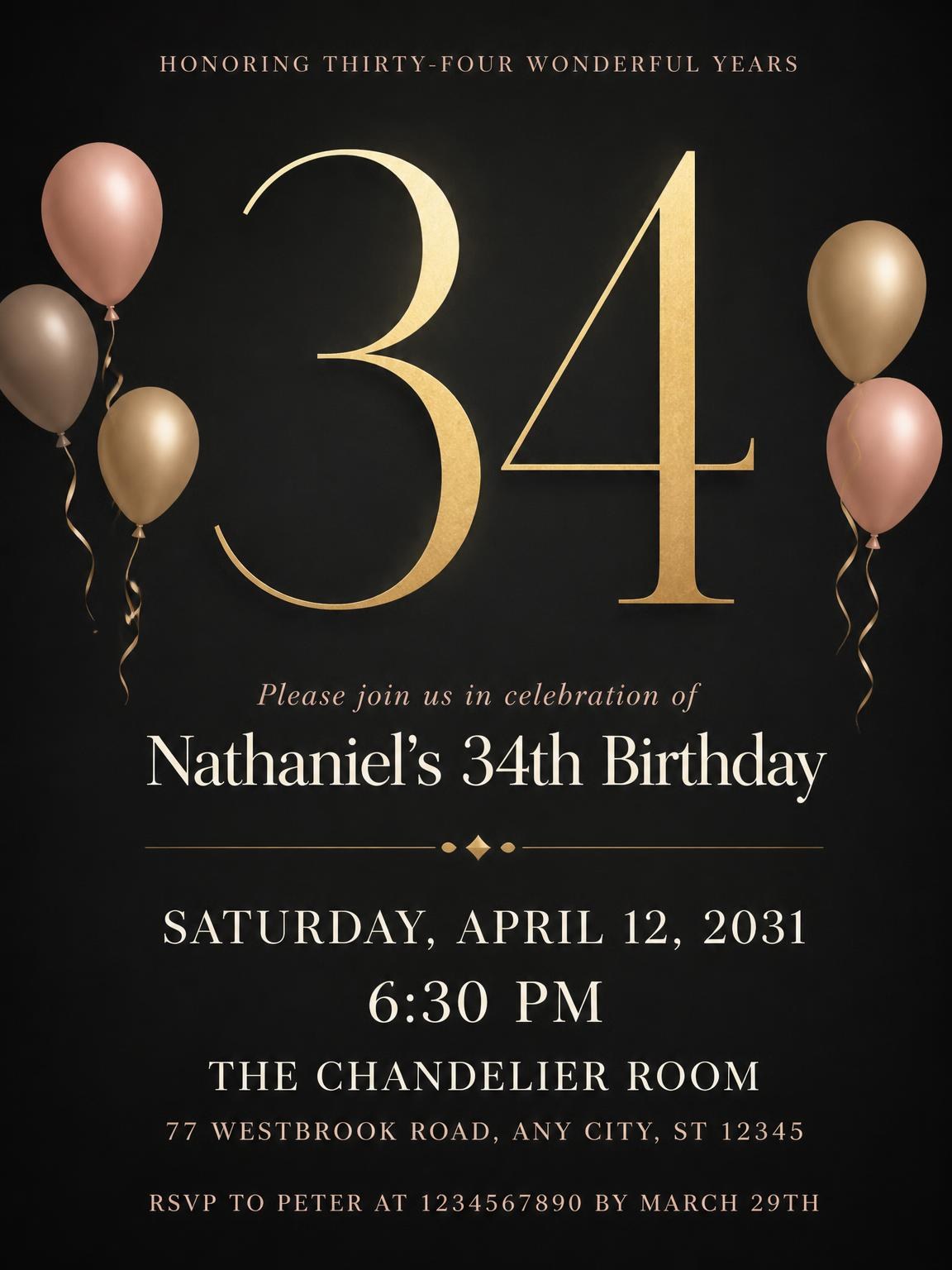 Charcoal and Blush 34th Birthday Invitation