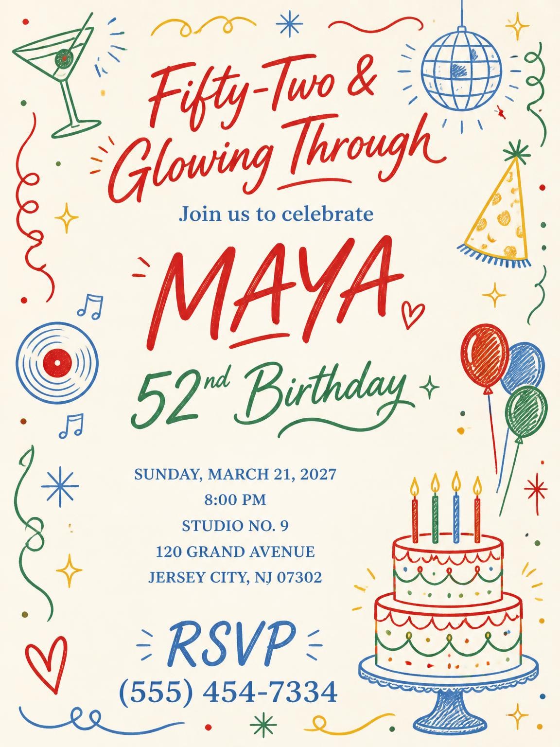Retro Doodle 52nd Birthday Invitation
