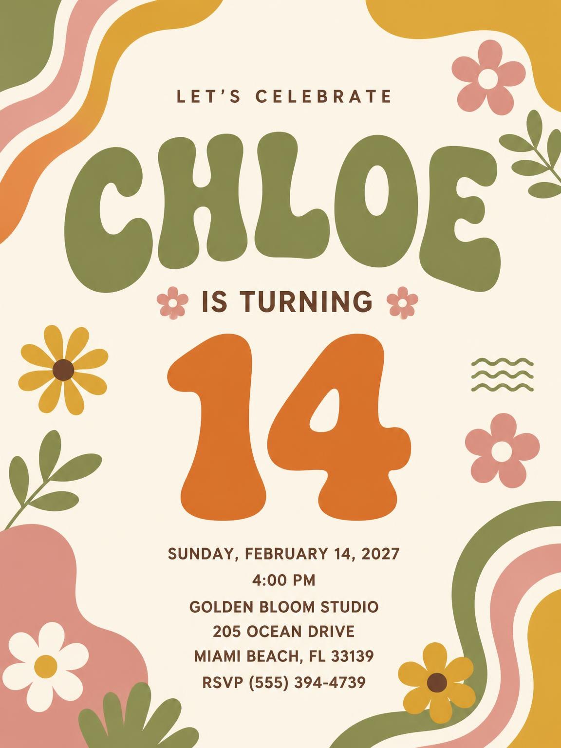 Groovy Retro 14th Birthday Invitation