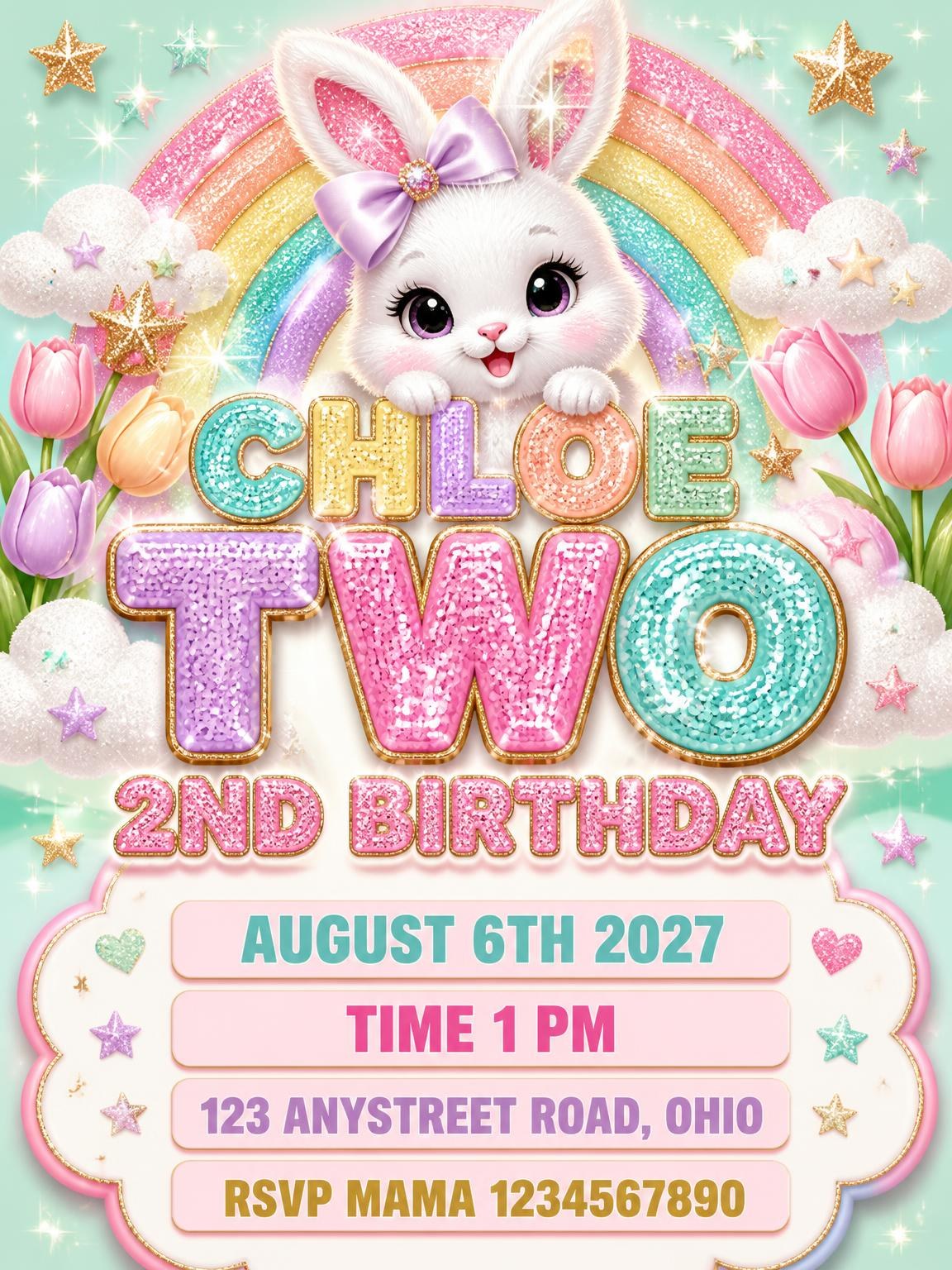 Glitter Sparkle Bunny 2nd Birthday Invitation