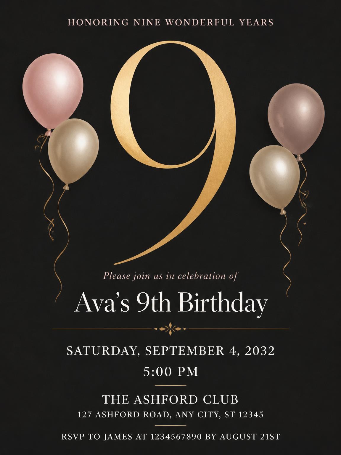 Charcoal and Blush 9th Birthday Invitation