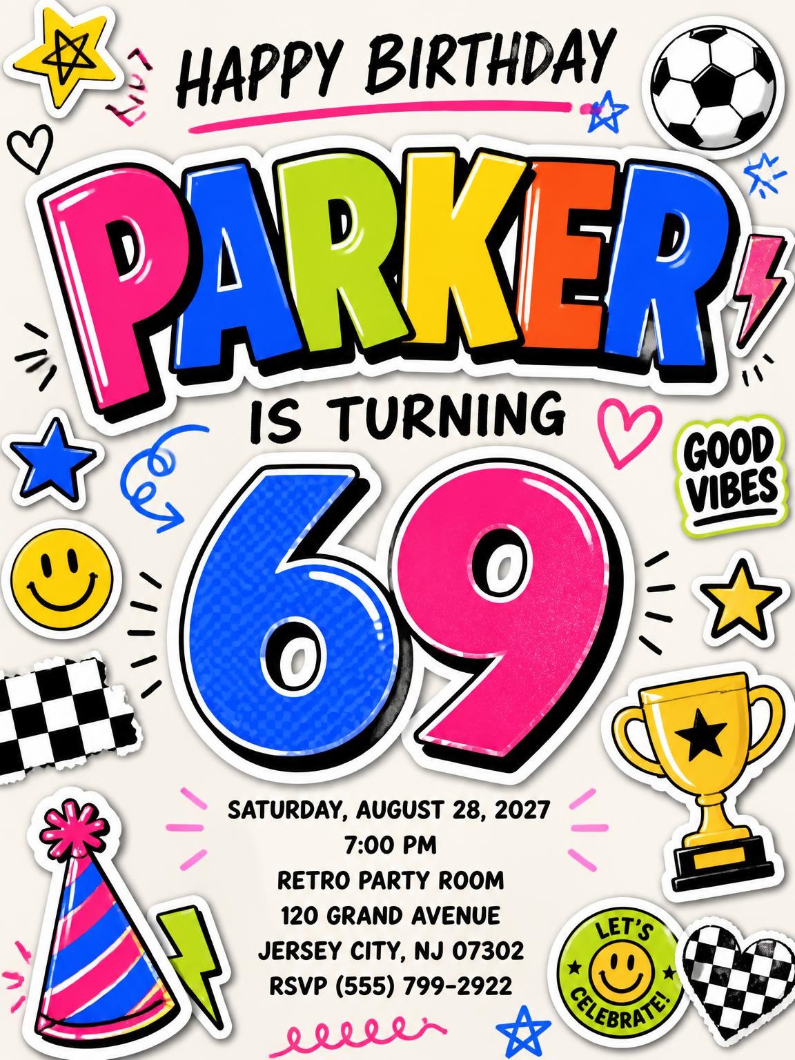 Sticker Pop 69th Birthday Invitation