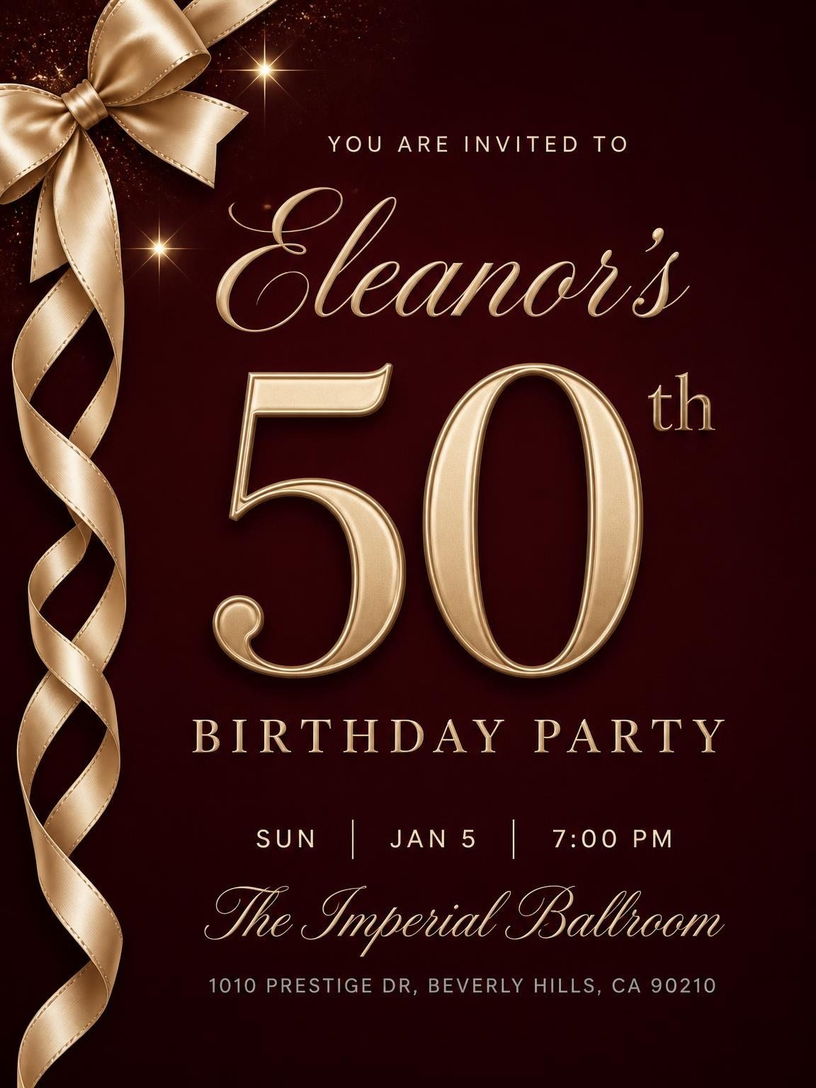 Burgundy Gold Ribbon 50th Birthday