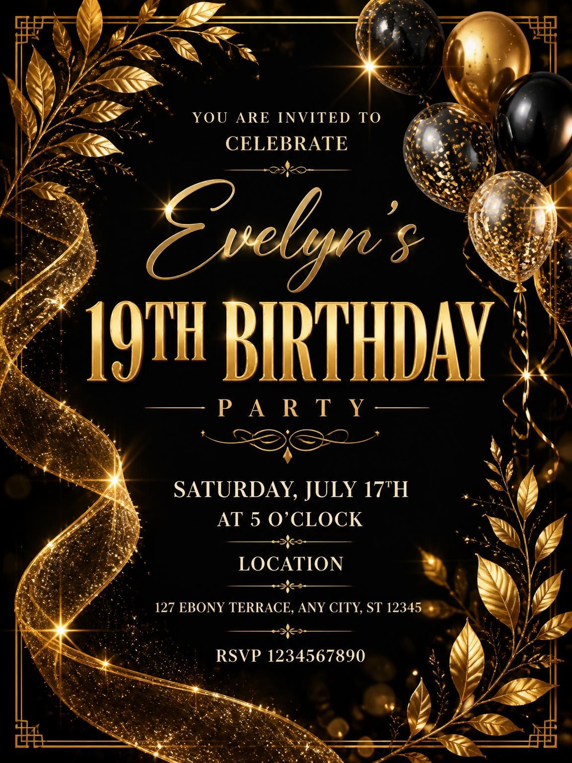 Black and Gold 19th Birthday Invitation