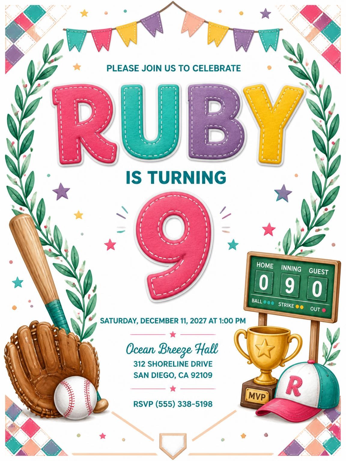 Stitched Baseball 9th Birthday Invitation