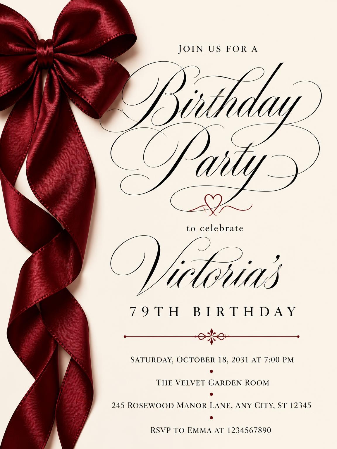 Burgundy Satin Bow 79th Birthday Invitation