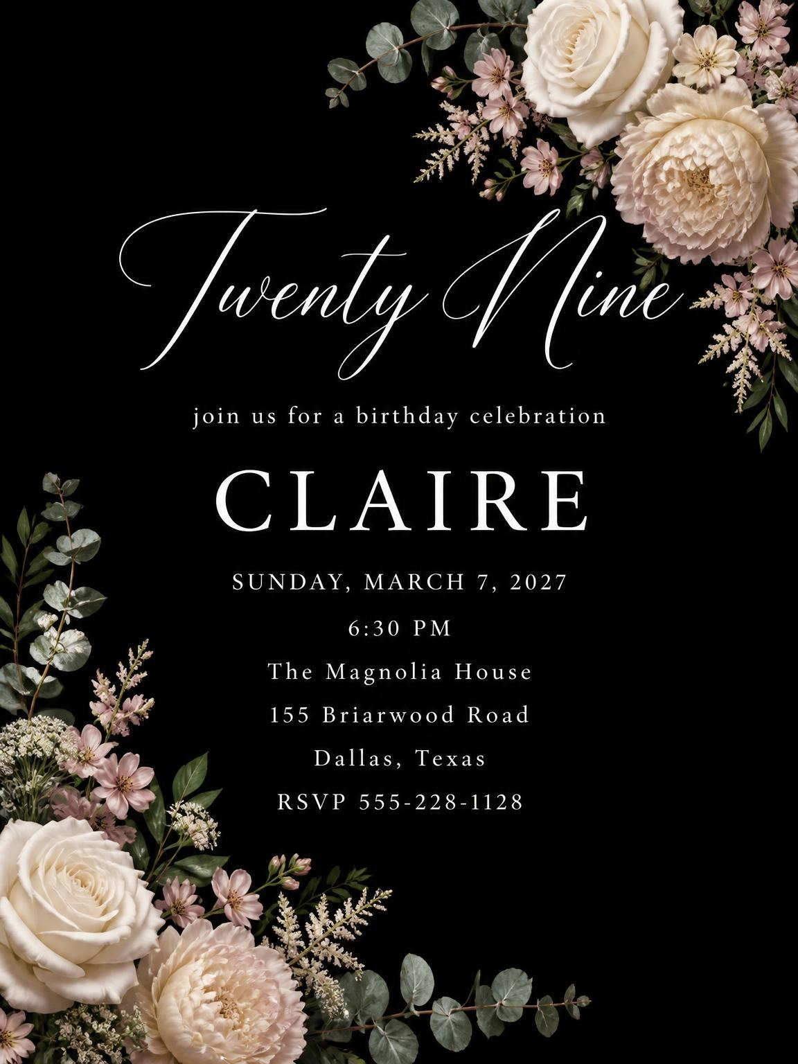 Black Floral 29th Birthday Invitation