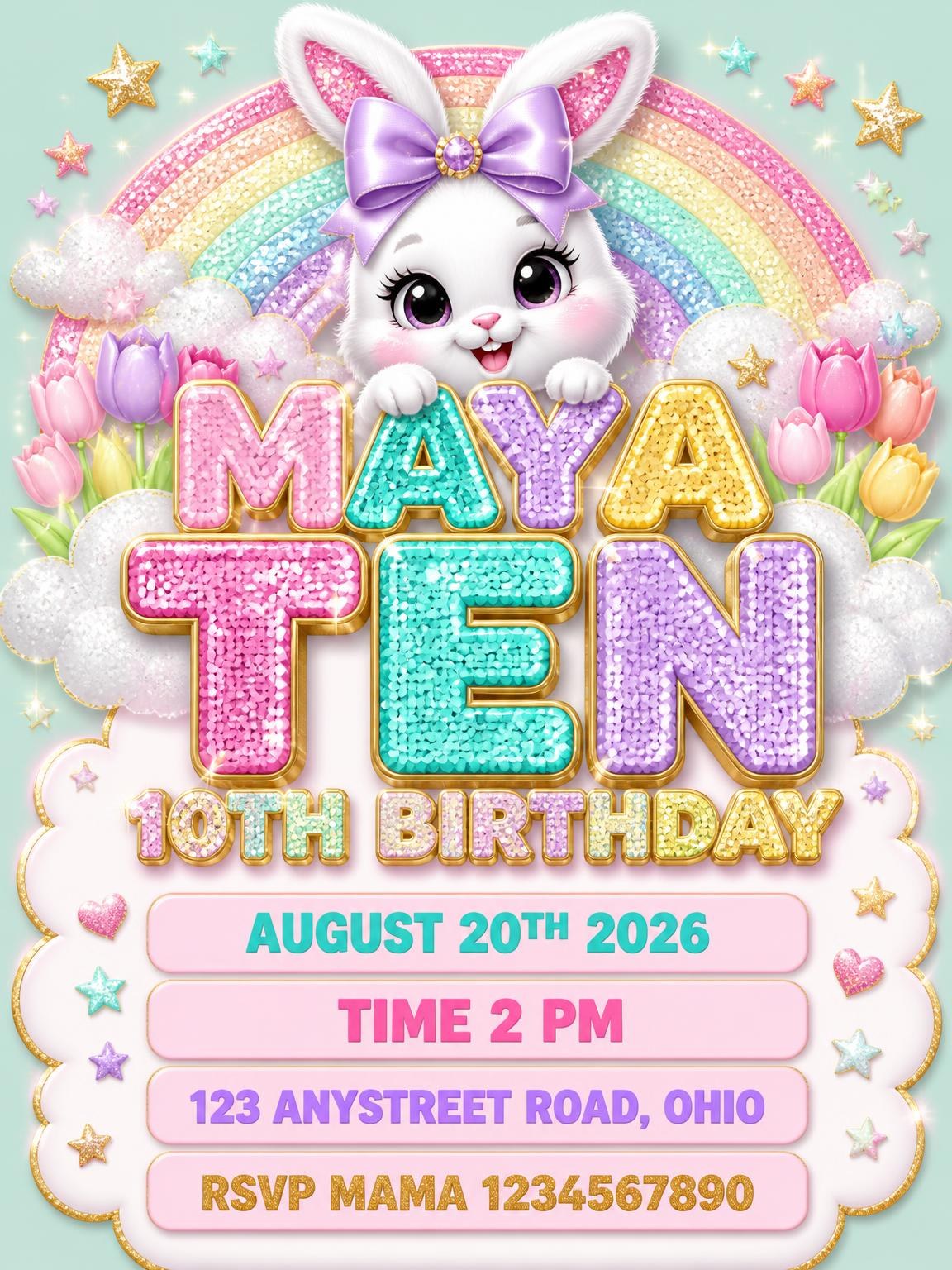 Glitter Sparkle Bunny 10th Birthday Invitation