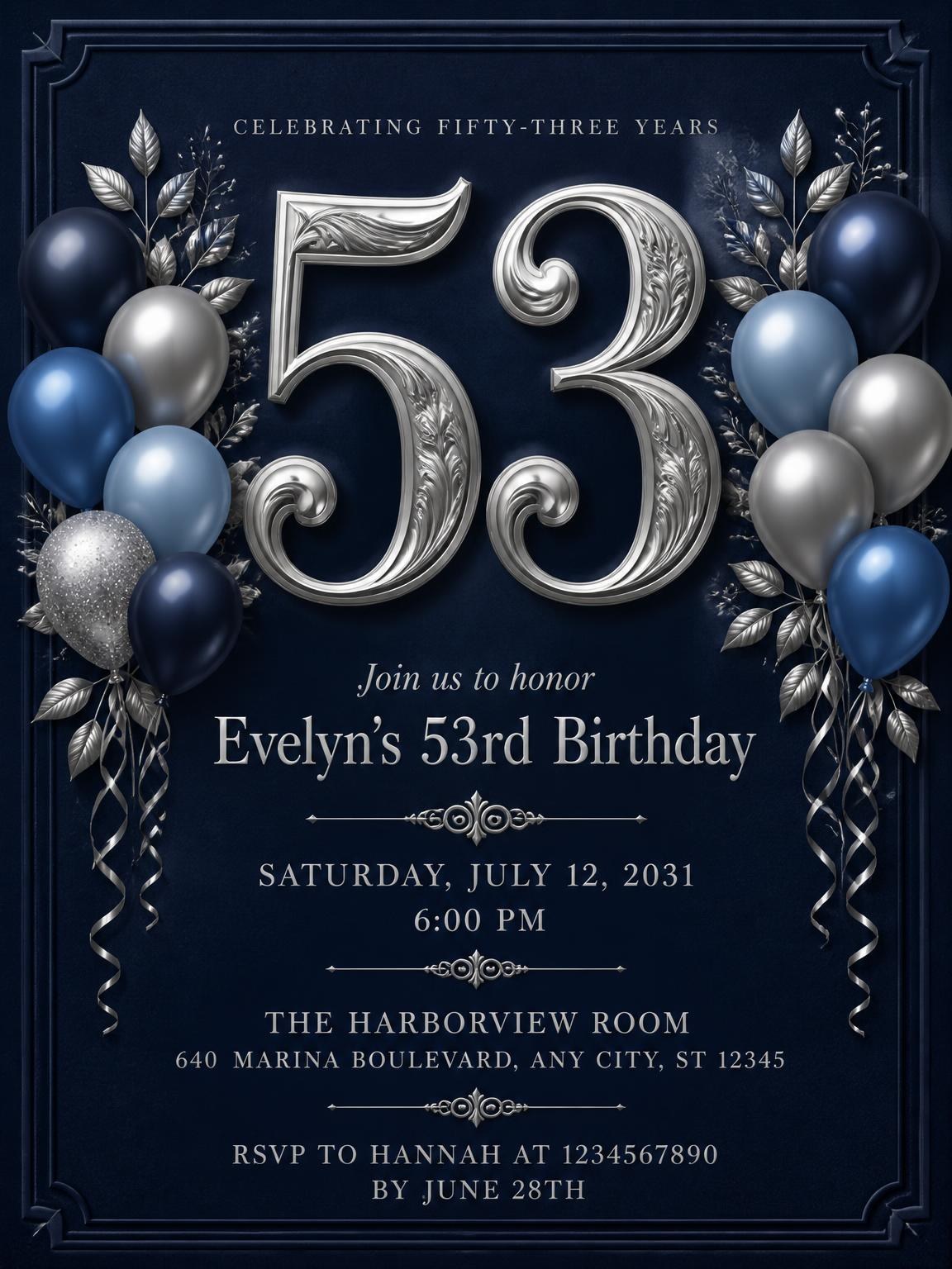 Navy and Silver 53rd Birthday Invitation