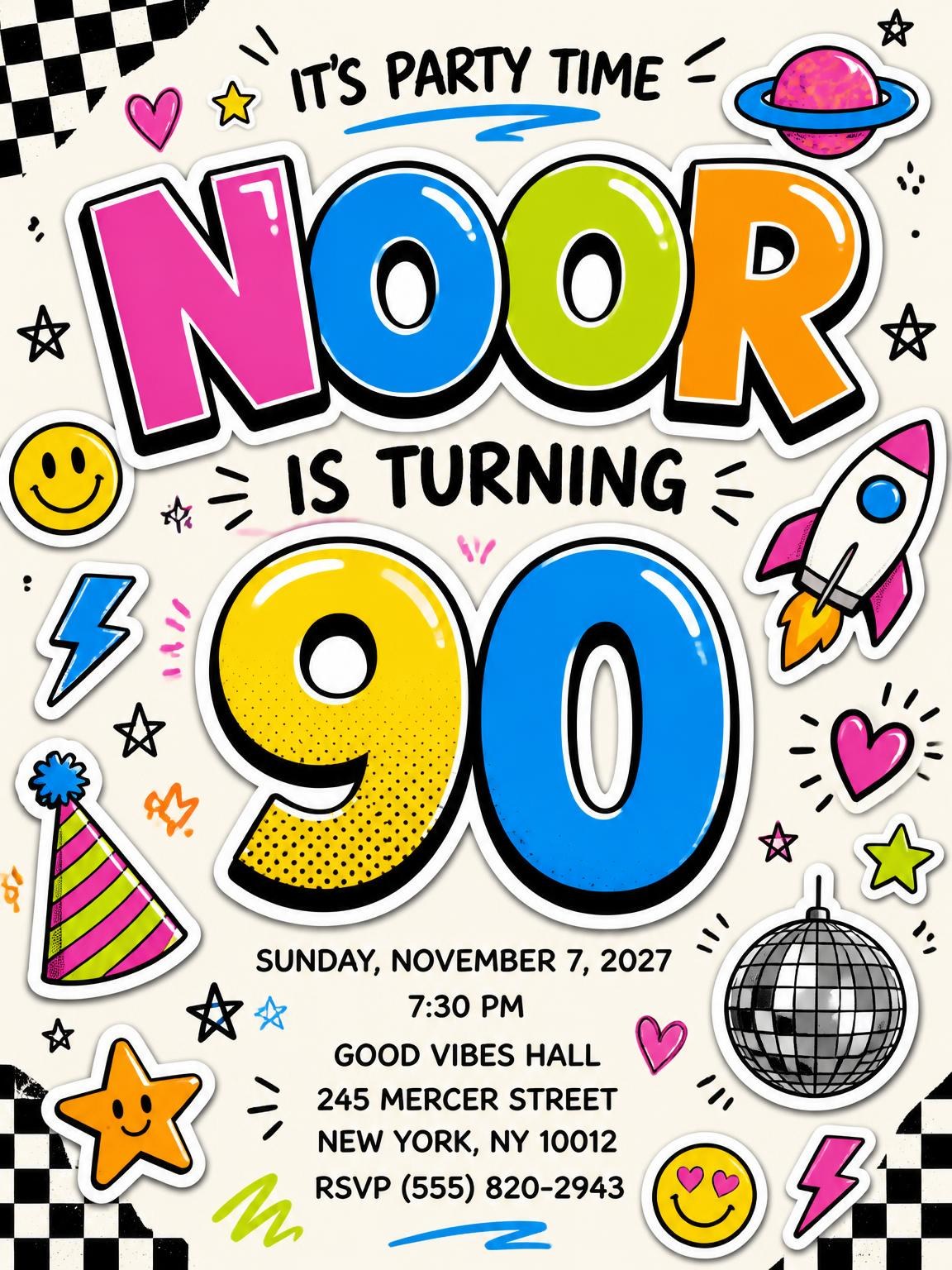 Sticker Pop 90th Birthday Invitation