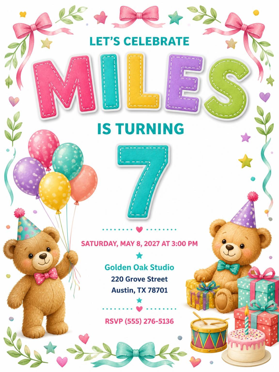 Stitched Teddy Bear 7th Birthday Invitation