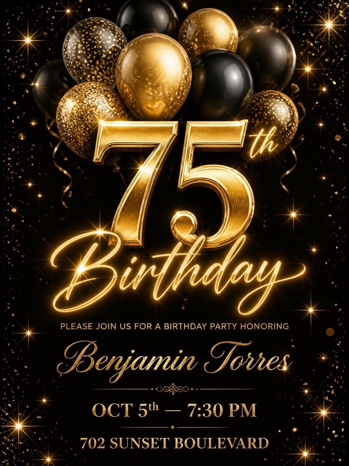 Black and Gold Balloon 75th Birthday