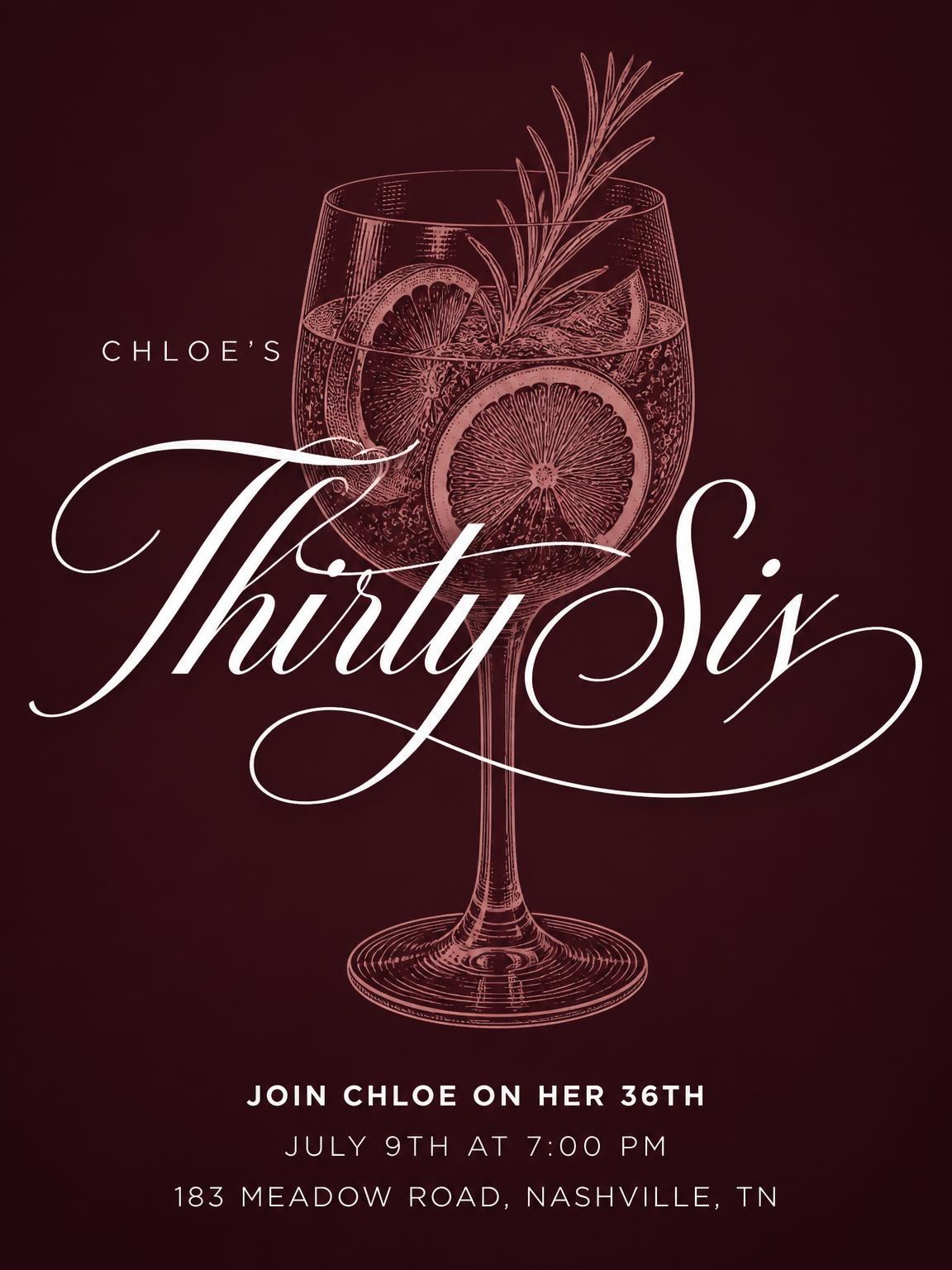 Burgundy Cocktail 36th Birthday Invitation