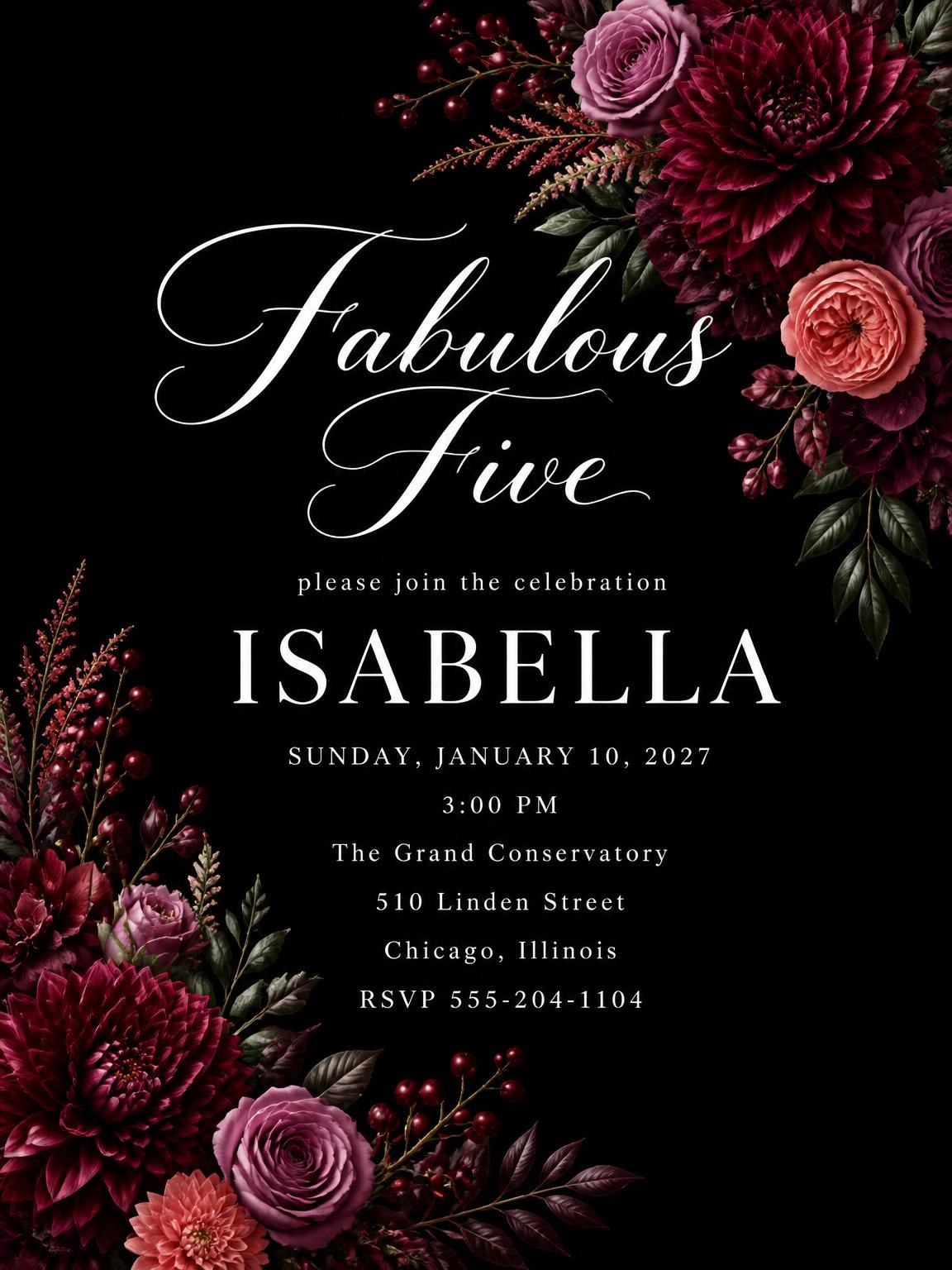 Black Floral 5th Birthday Invitation
