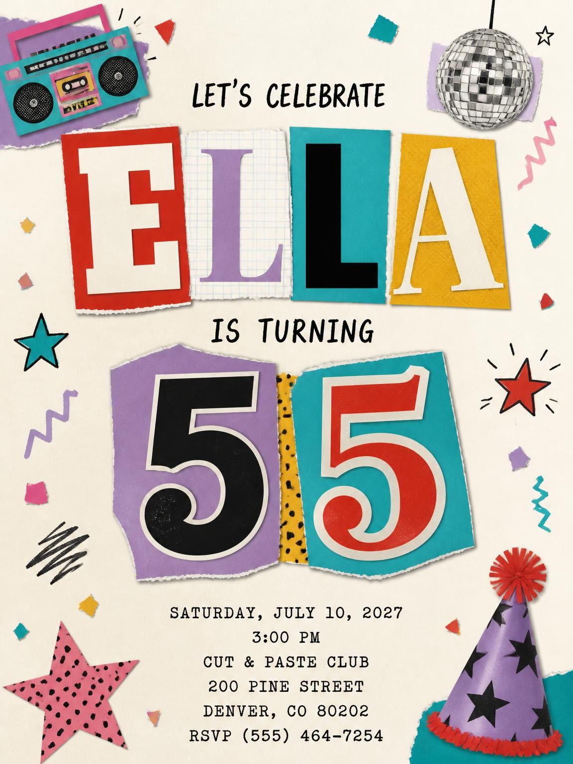 Retro Paper Collage 55th Birthday Invitation