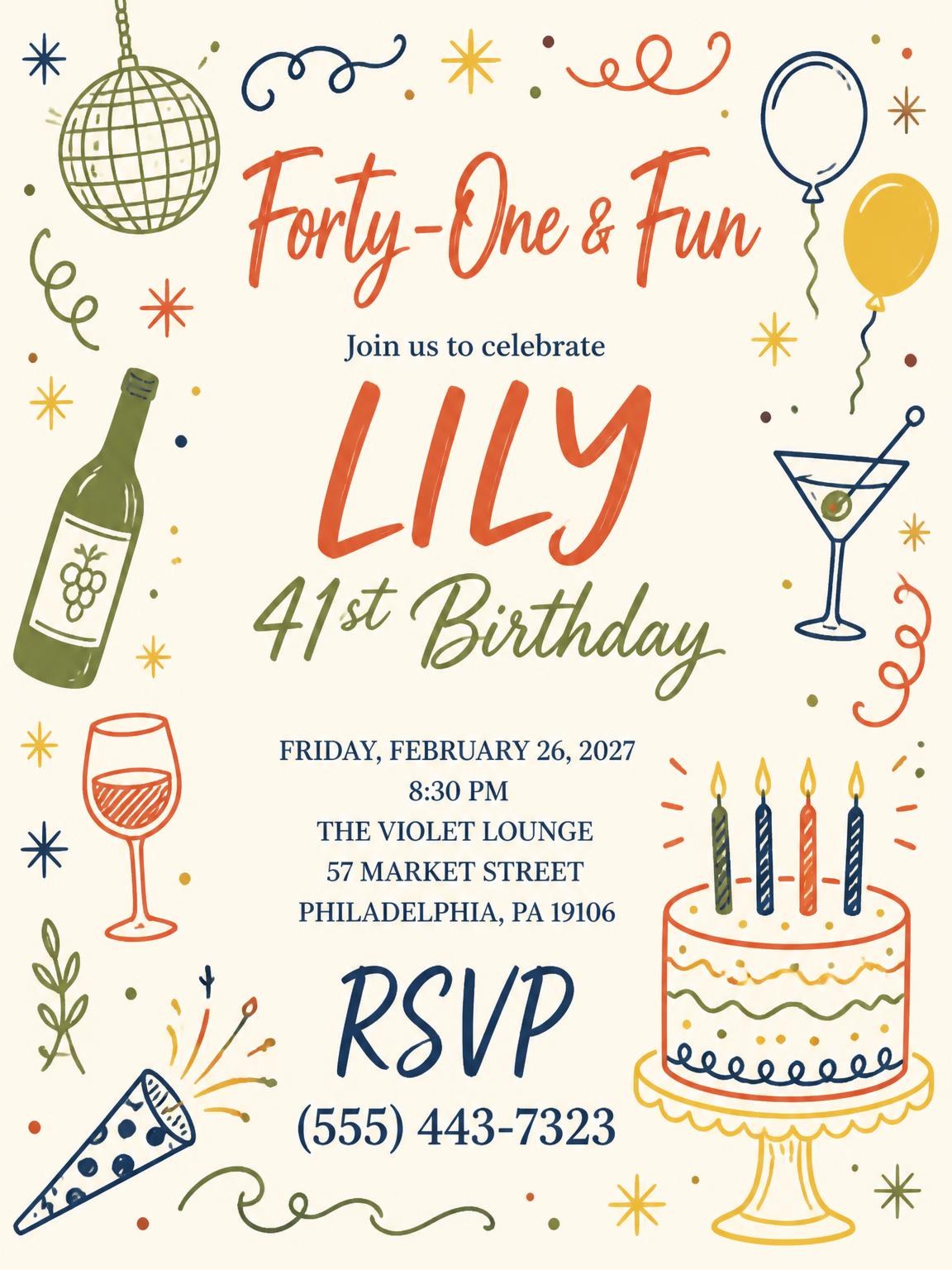 Retro Doodle 41st Birthday Invitation