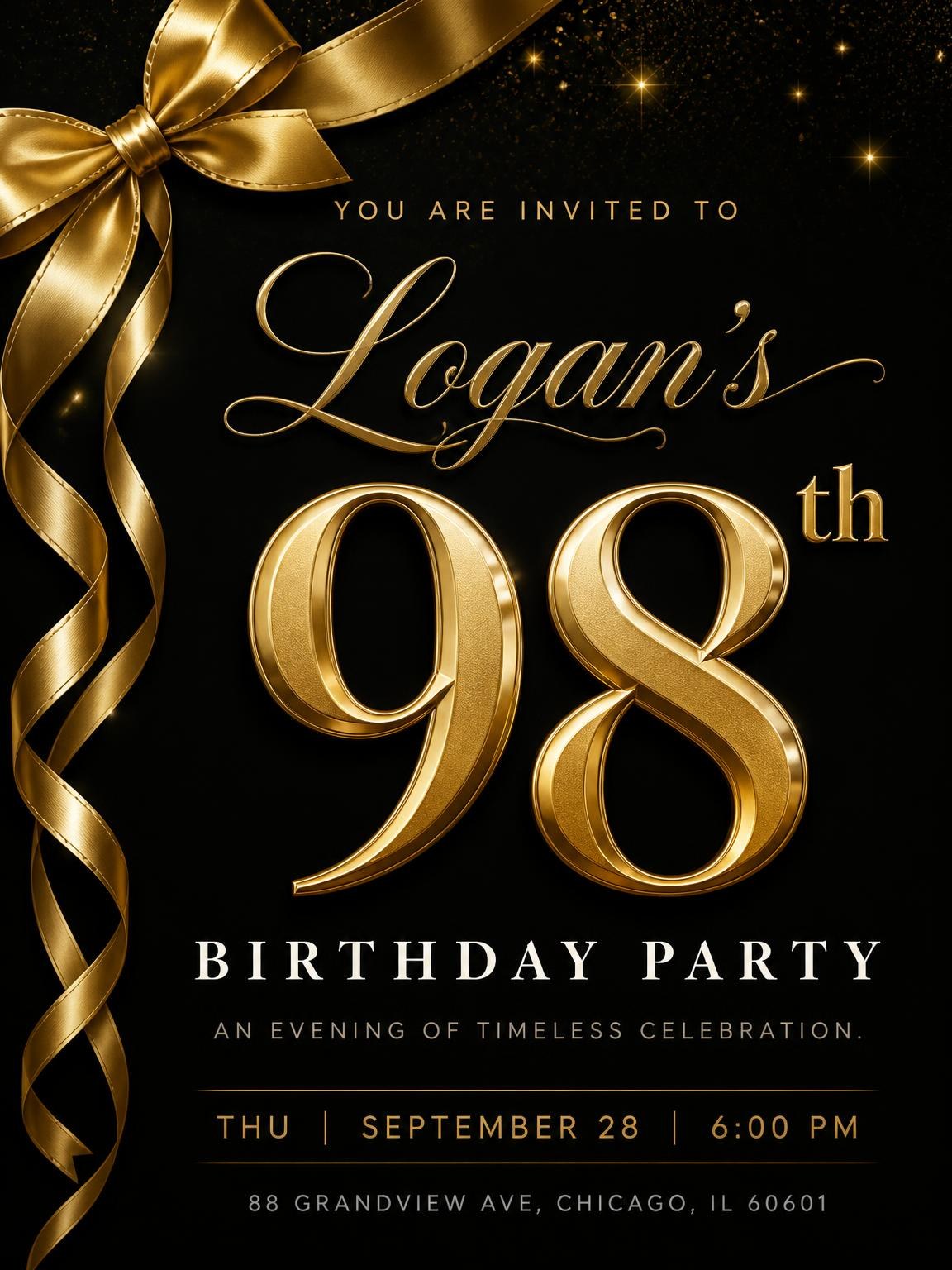 Black and Gold Ribbon 98th Birthday
