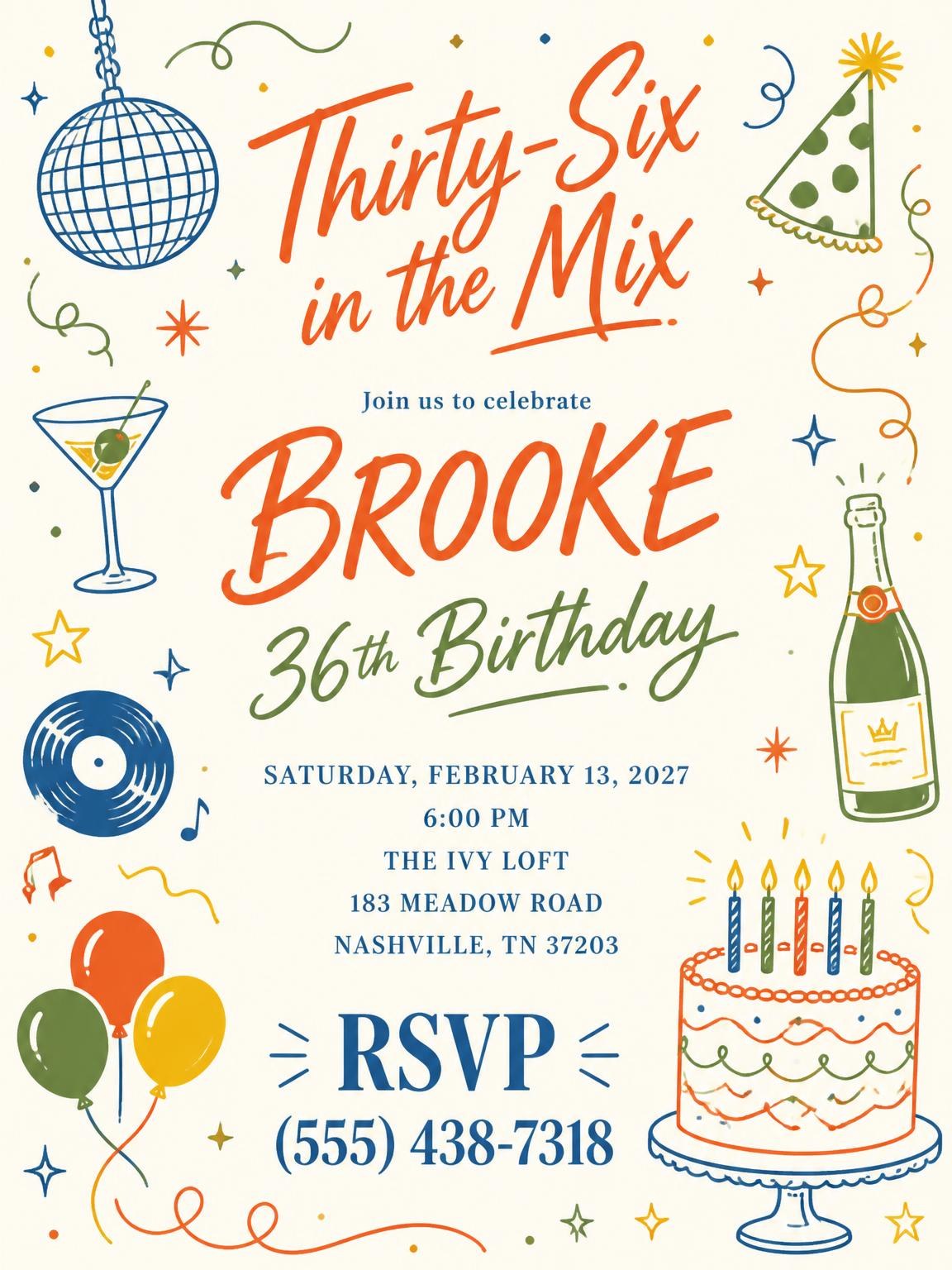 Retro Doodle 36th Birthday Invitation
