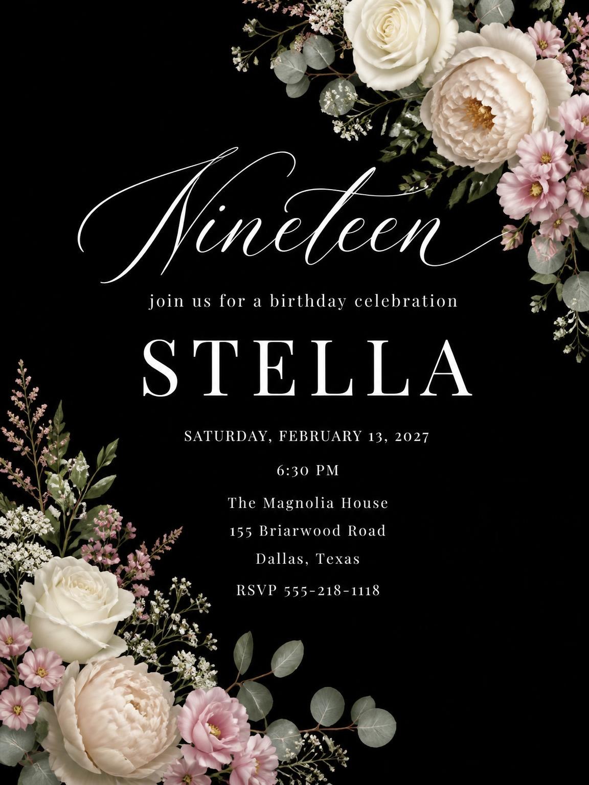 Black Floral 19th Birthday Invitation