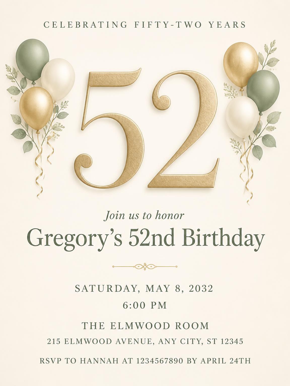 Sage and Ivory 52nd Birthday Invitation