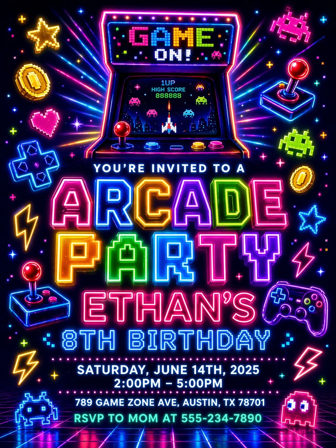 Neon Retro Arcade 8th Birthday