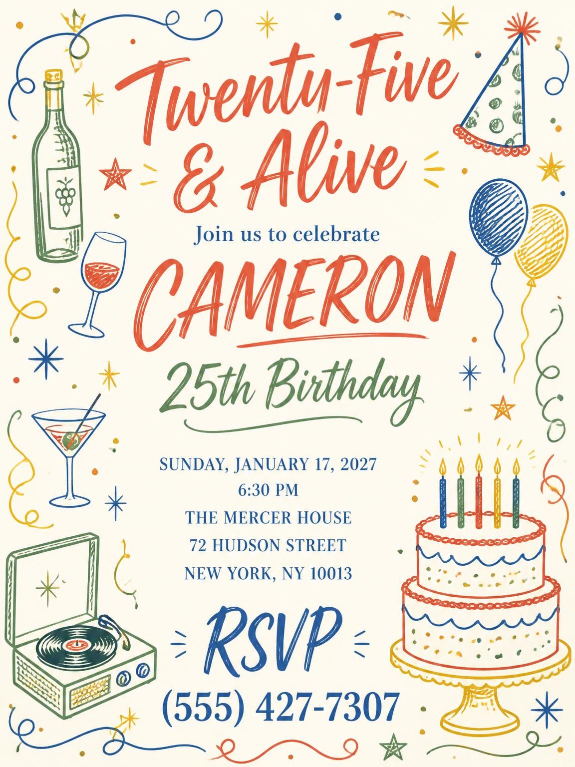 Retro Doodle 25th Birthday Invitation