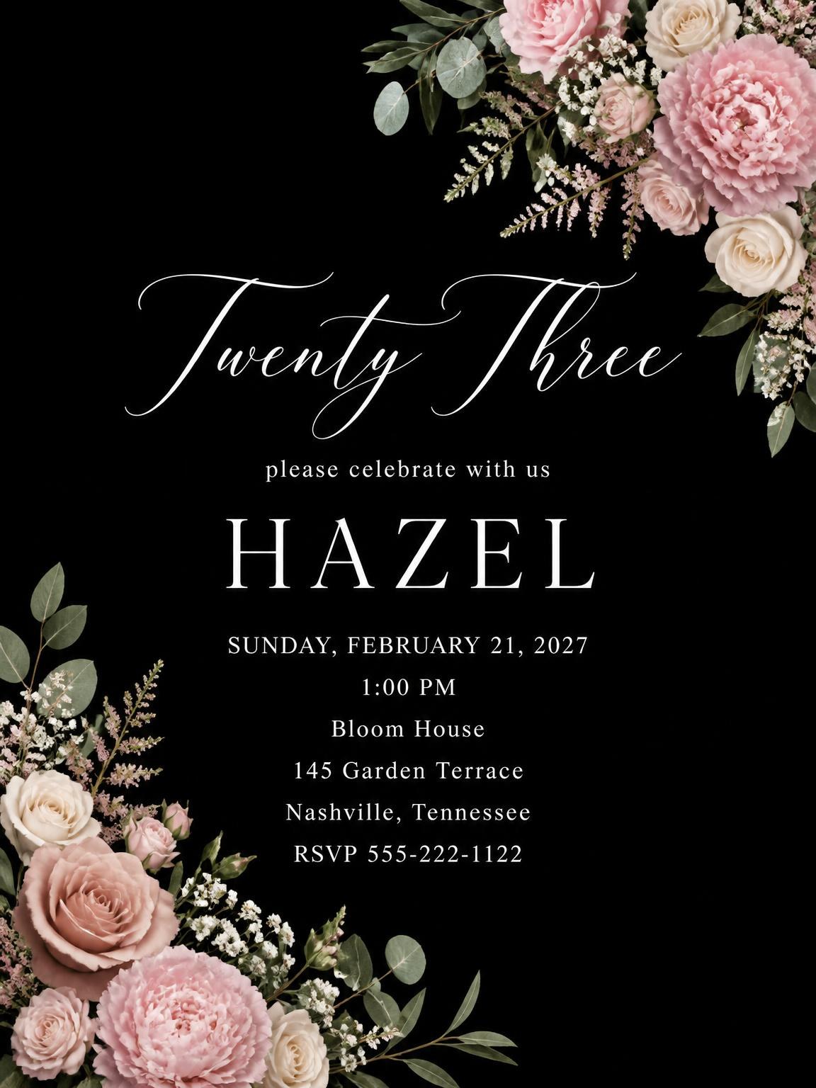 Black Floral 23rd Birthday Invitation