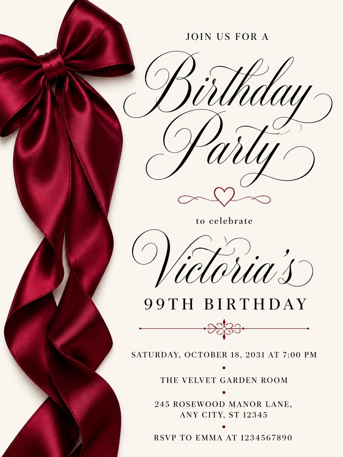 Burgundy Satin Bow 99th Birthday Invitation